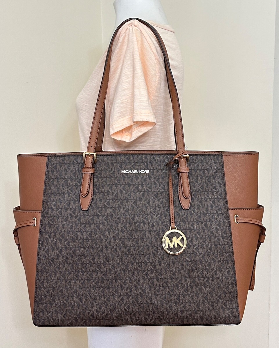 Michael Kors Gilly Travel MK Brown Large Drawstring Top Zip Tote