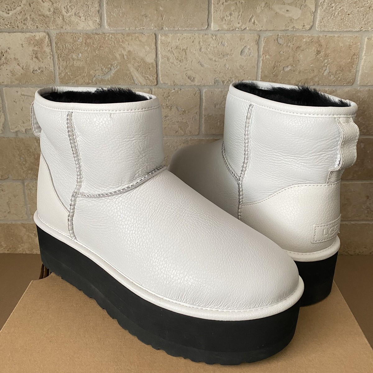 UGG Classic Mini Platform White Leather Sheepskin Booties Boots