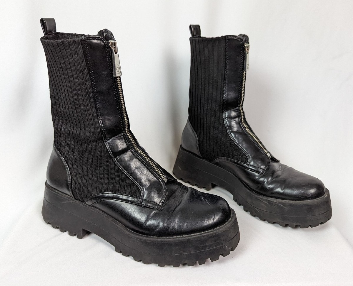 ZARA sz. 40/9 Flat Sock Ankle Boots Zipper Front Booties Combat