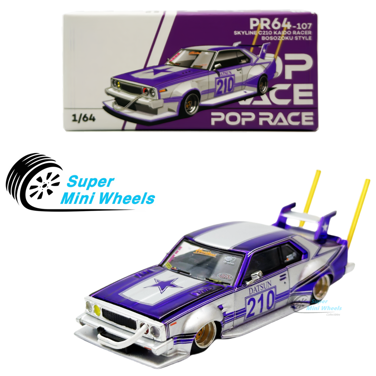 Pop Race 1:64 Nissan C210 Kaido Racer Bosozoku Style Chrome Purple