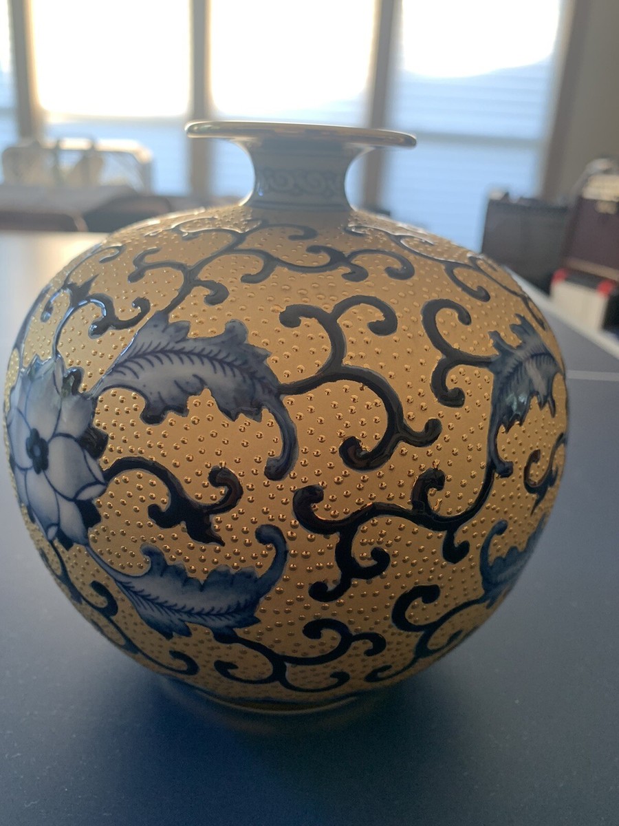 林三江台湾鶯歌陶瓷大師名家高級花瓶漢聲窯golden Blue Floral Round