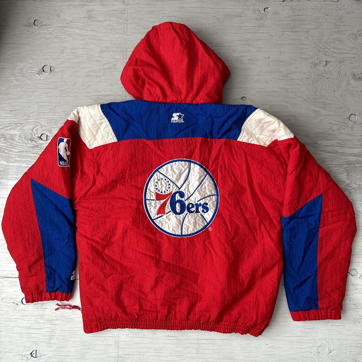NBA】76ers 刺繍 中綿 スタジャン ブルゾン 2XL 青 NBA76ers 刺繍 中綿