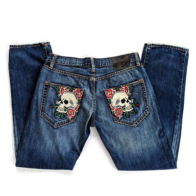 Ed Hardy Jeans Christian Audigier Skull Rose Embroidered Tag 33x34