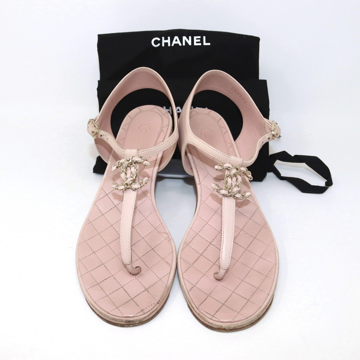 Chanel 38 Quilted Logo Baby Pink T Strap Thong Sandals Chain CC