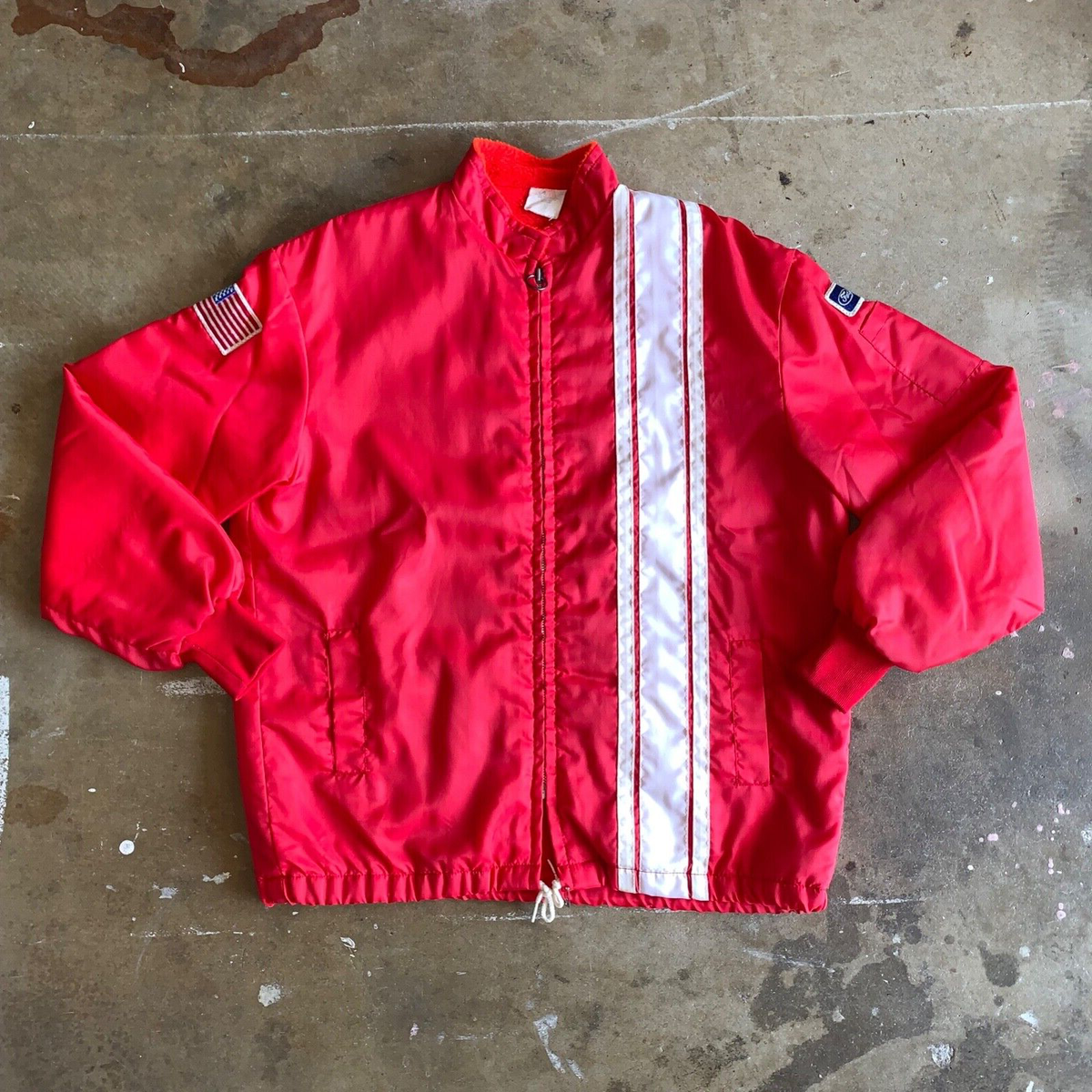 70s VINTAGE FORD COBRA RED STRIPED RALLY RACING JACKET SZ M FLEECE