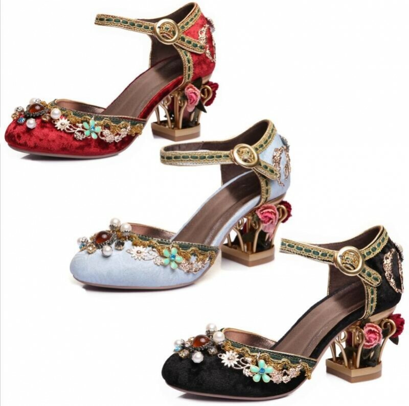 Womens Embroidery Floral Closed Toe Cage Heels Mary Janes Bridal