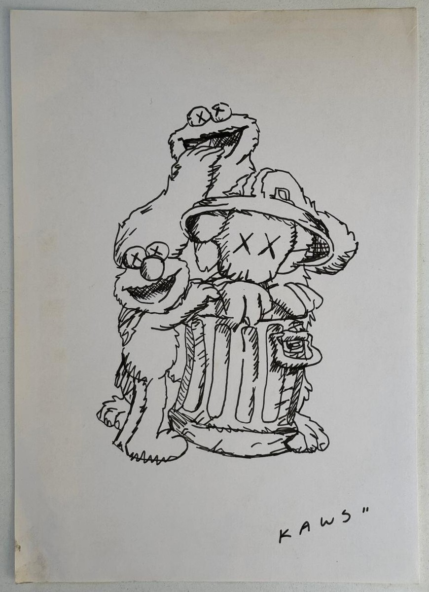 KAWS (Handmade) Drawing On old Paper Signed Mixed Media, Vtg Art