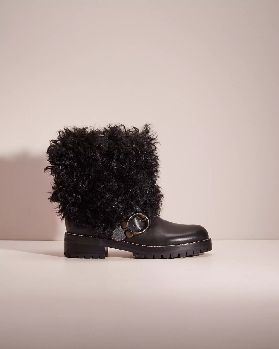 New COACH Leighton Shearling Lamb Fur Black Moto Boots, Size 6