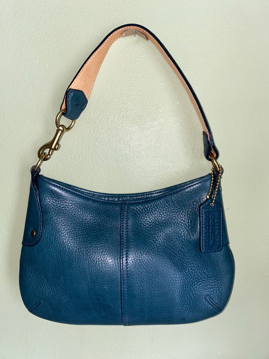 Coach Rare Brass Turquoise Blue Leather Baguette Mini Purse Bag