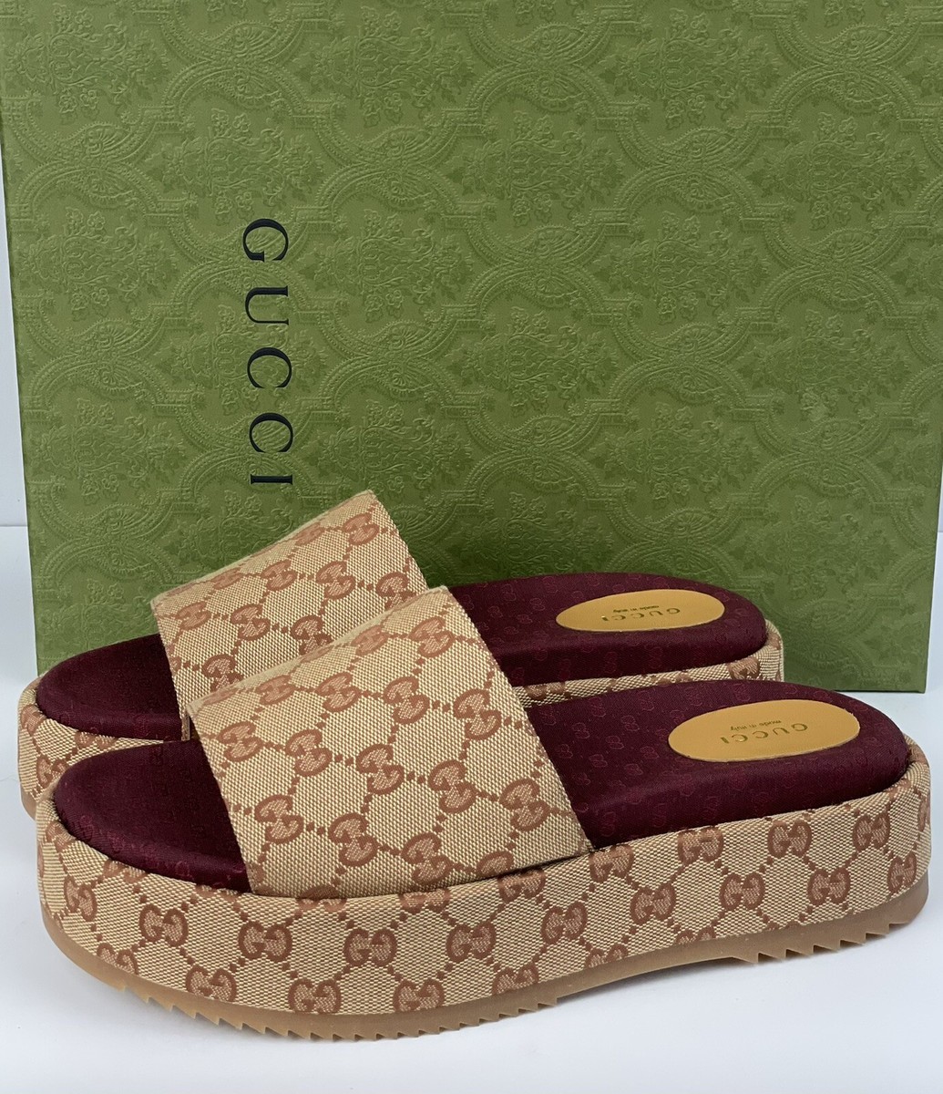 Gucci 573018 Angelina GG Supreme Platform Slide Sandals Beige