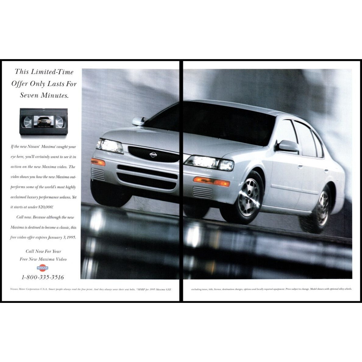 1995 Nissan Maxima 4 Door Sedan 2 Page Vintage Print Ad VHS Tape