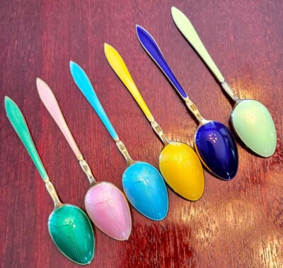 STUNNING Sterling Silver Enamel Guilloche 6 Spoon Set David