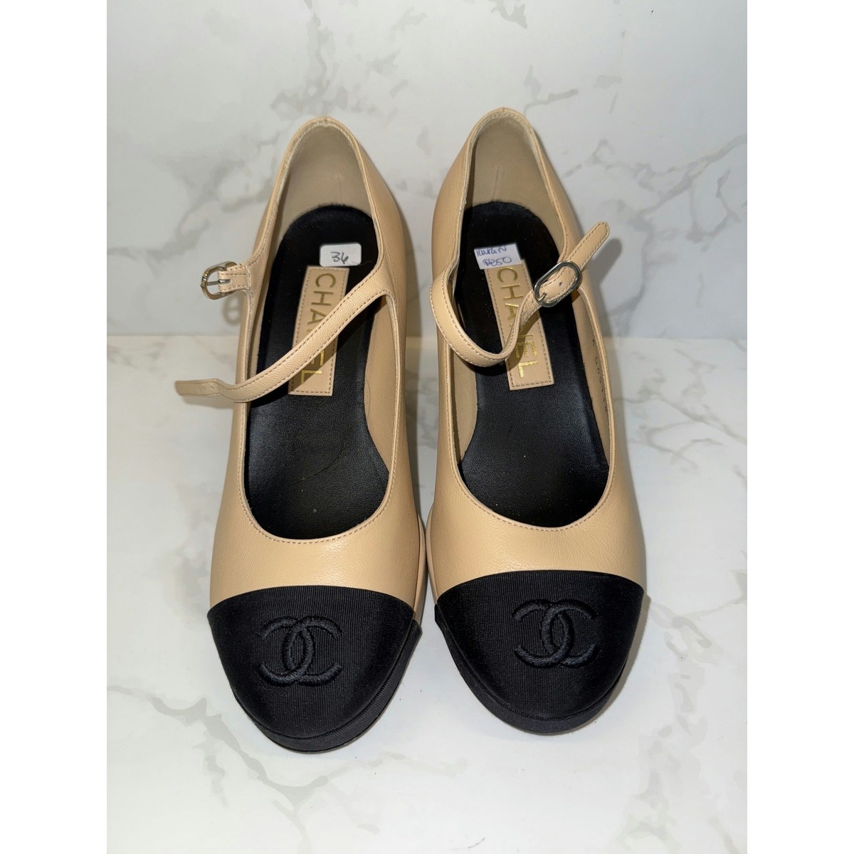 Chanel Women's EUR 36 Beige Leather Signature Logo Platform Mary