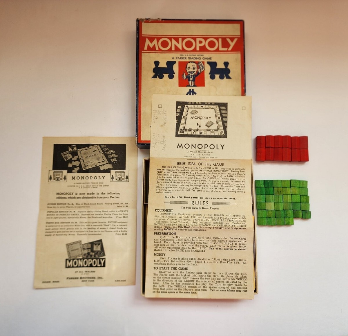 Vintage 1936 Monopoly Game Parker Brothers Blue Red Box Wooden