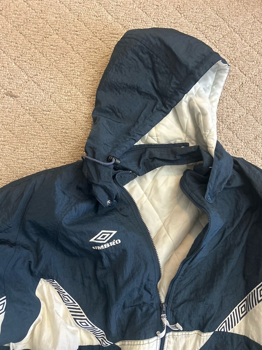 Vintage 90s Umbro XL Puffer Jacket Blue White Zip Off Hood