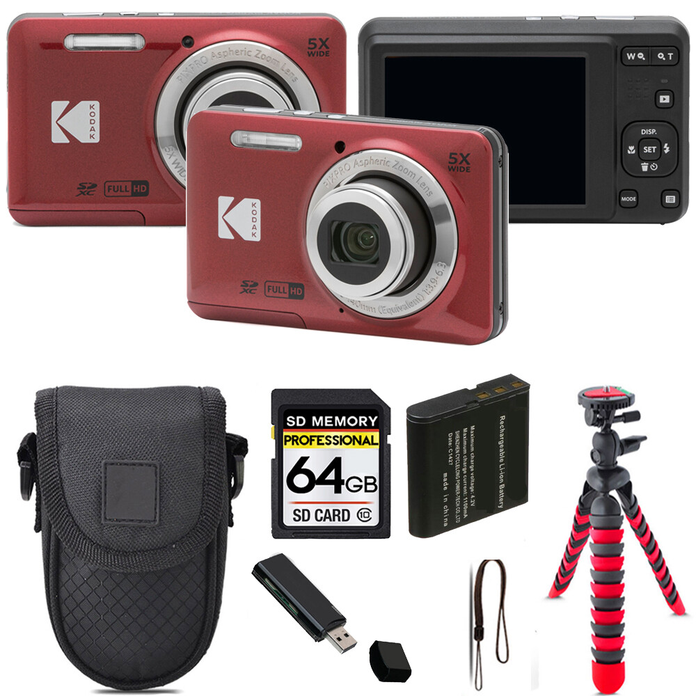 Kodak PIXPRO FZ55 Digital Camera (Red) + Tripod + Case - 64GB Kit