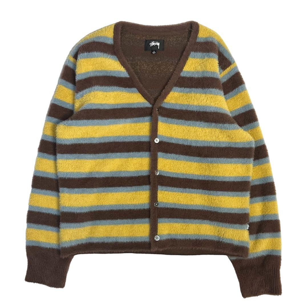 Stussy Shaggy Cardigan Horizontal Striped Mohair 21AW Brown Unisex