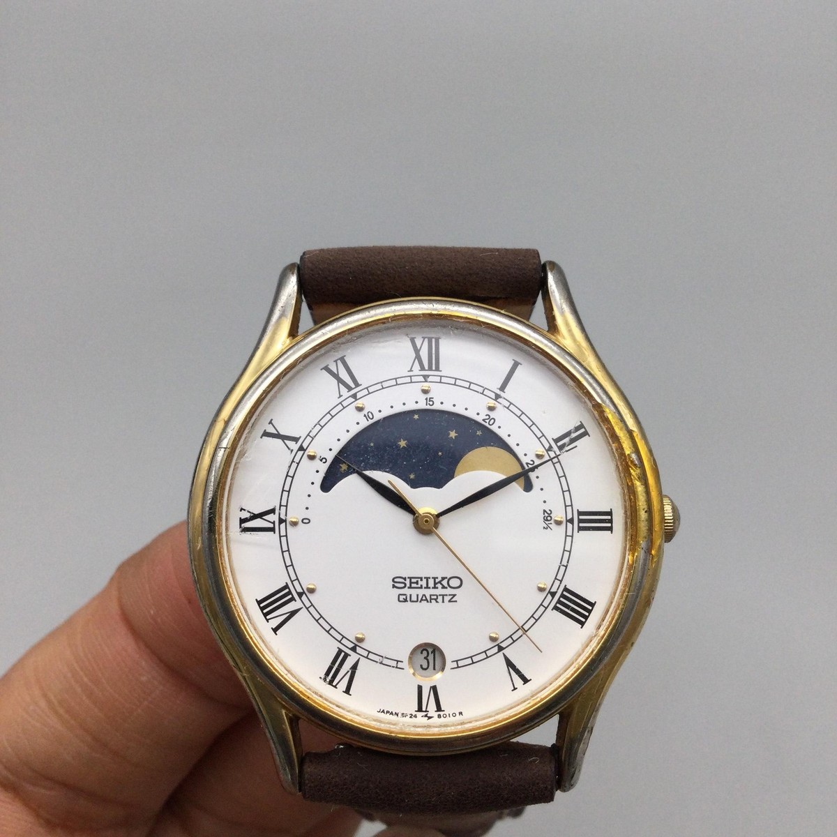 Vintage Seiko Watch Mens 34mm Moonphase Date Japan 6F24-8000 New