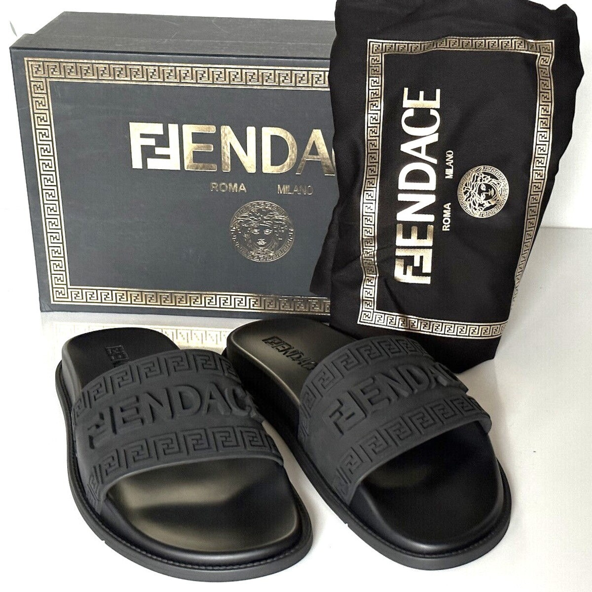 VERSACE x FENDI FENDACE Men Auth Ltd Ed Slip-On Pool Slide Blk EU