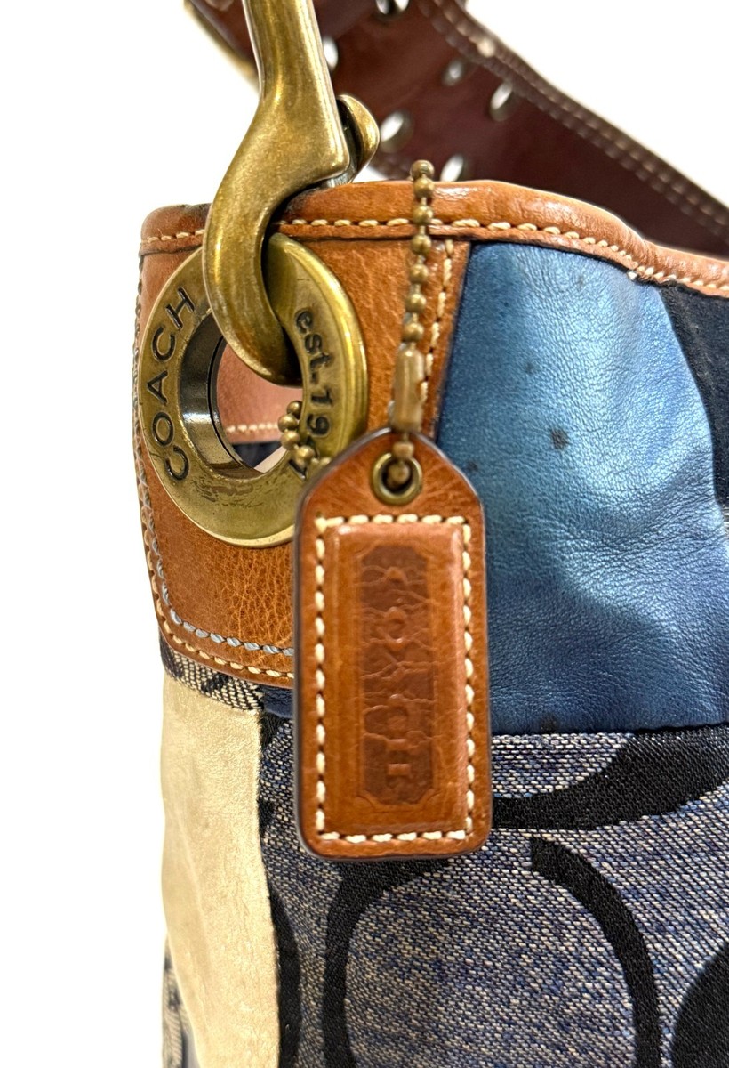 NICE Coach Vtg Y2K Denim Patchwork Whiskey Leather Trim Shoulder