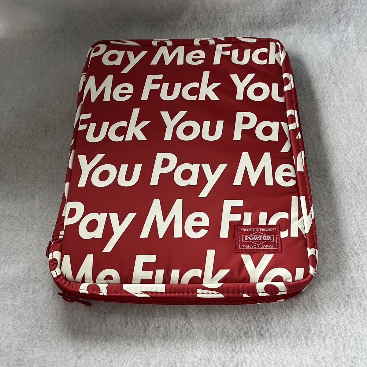 SUPREME x PORTER YOSHIDA Red Ipad Case Zip Around F*ck You Pay Me