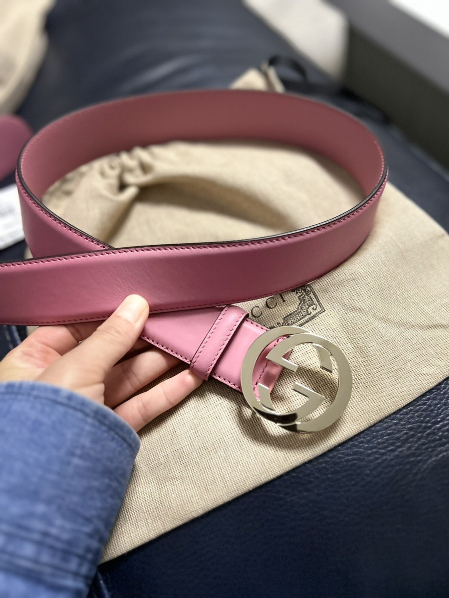 New Gucci Belt Leather Interlocking G Buckle Belt Pink Gold 546386