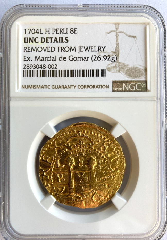PERU 1704 8 ESCUDOS 1715 FLEET SHIPWRECK MEL FISHER COA NGC PIRATE