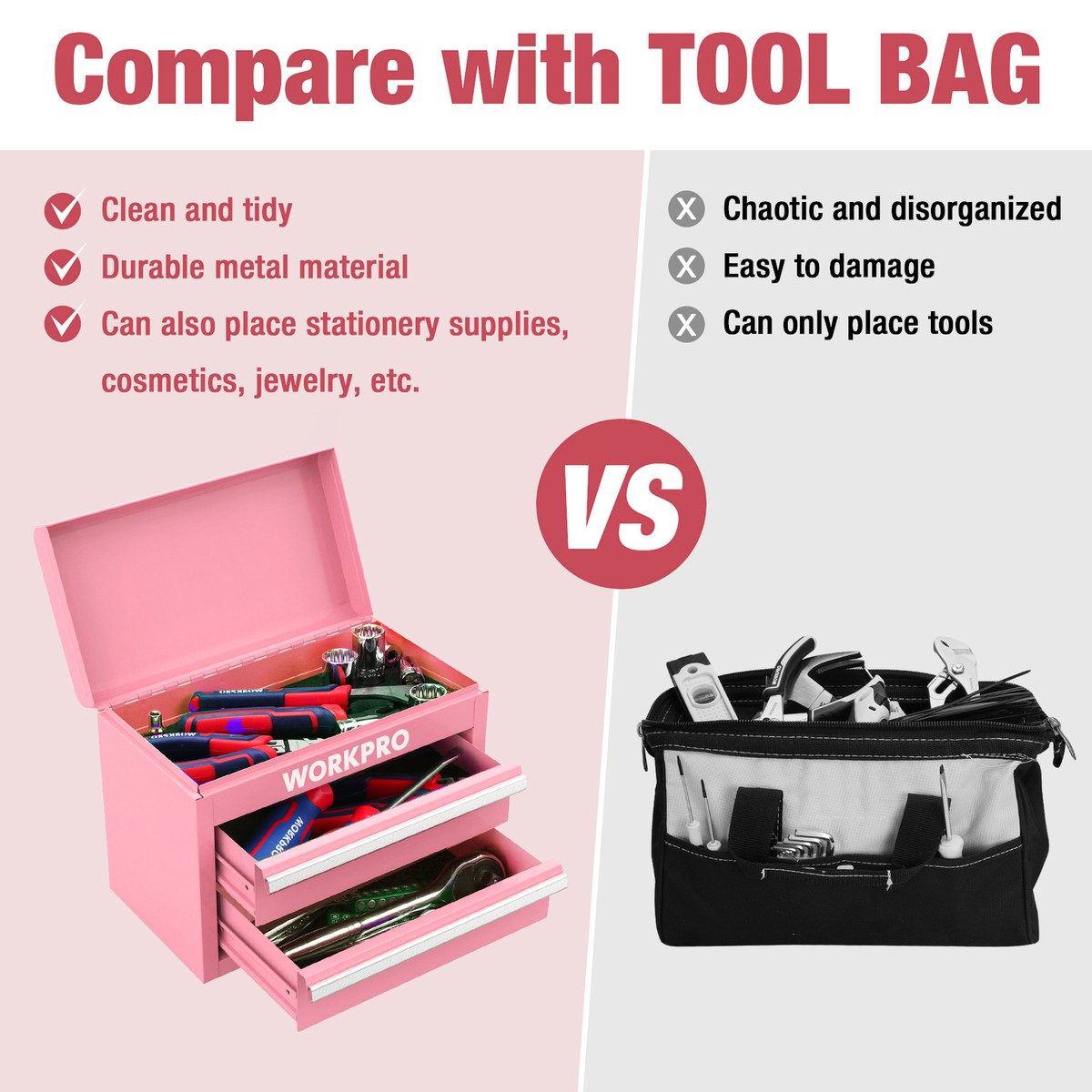 Mini Metal Tool Box w/2 Drawers&Top Storage, Small Tool Chest with