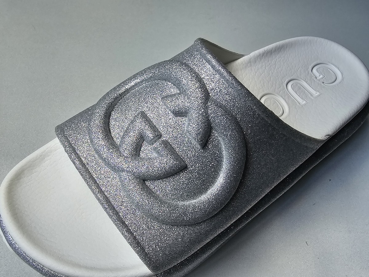 GUCCI Glitter Silver Rubber GG Logo Slides Platform Mules Sandals