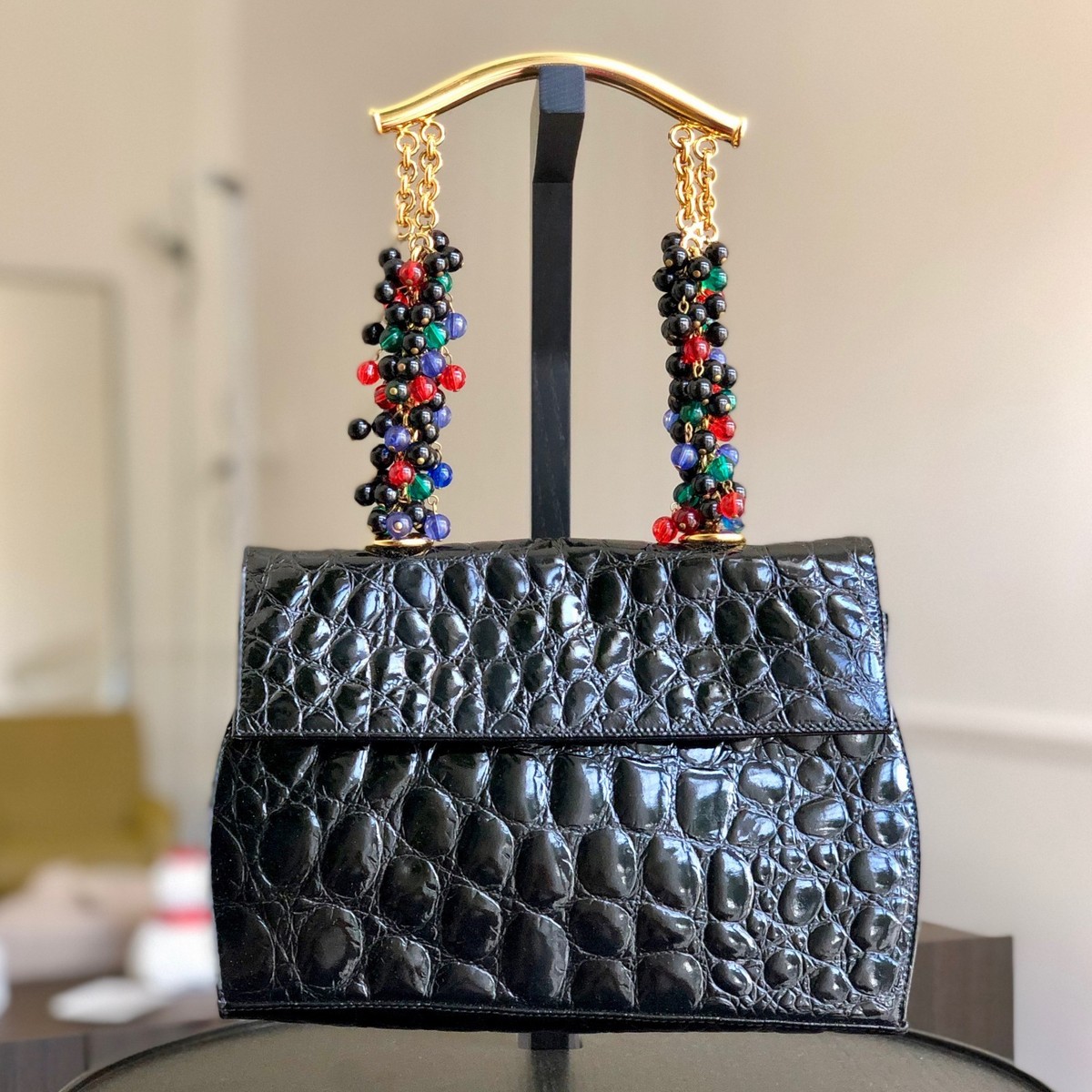 GIANNI VERSACE Black Croc Embossed Handbag w/ glass beaded straps