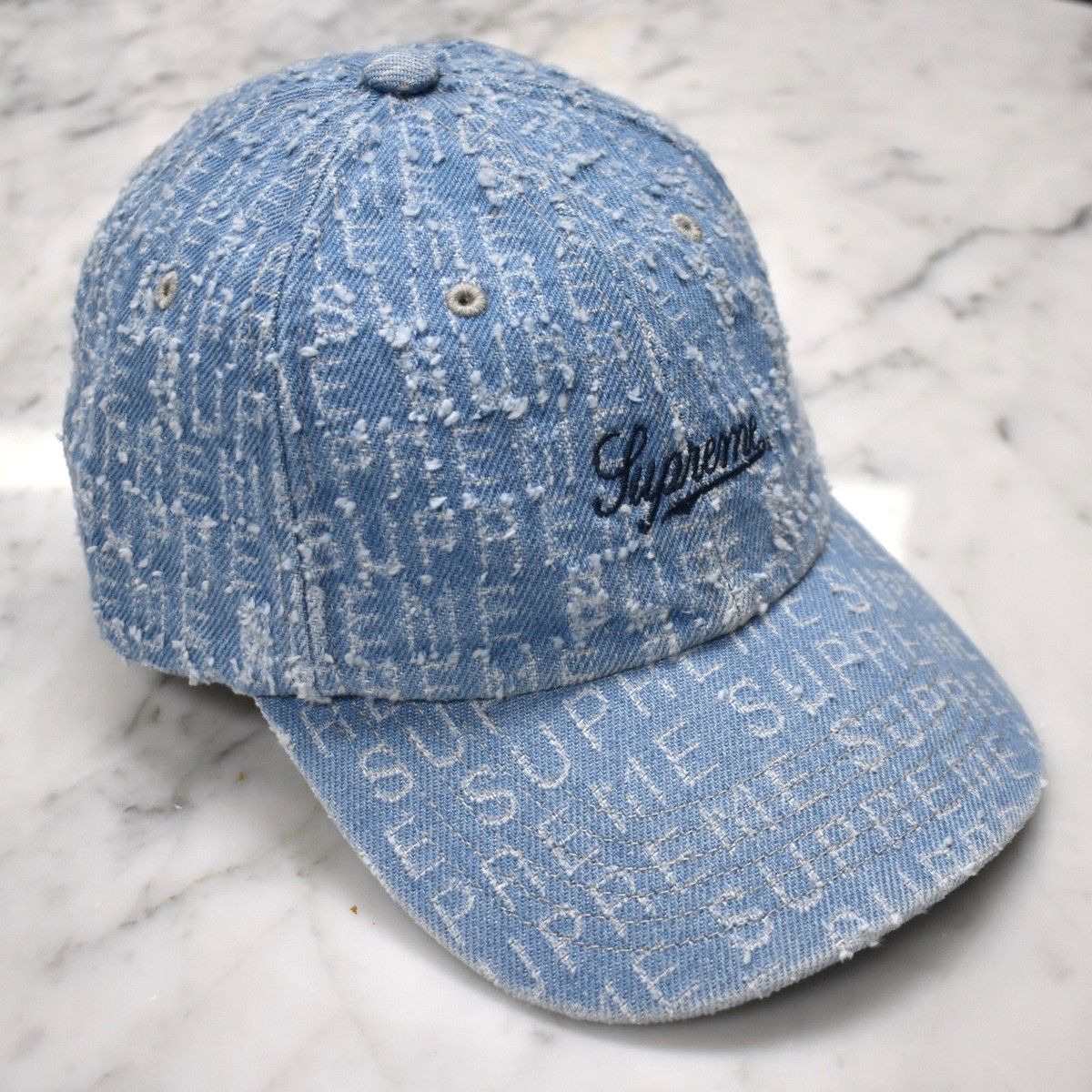Supreme Needle Punch Denim 6-Panel Script Logo Hat Cap Light Blue
