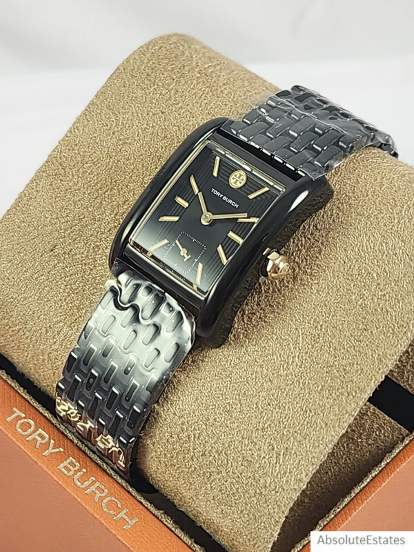 NEW Tory Burch Black & Gold Eleanor Ladies Watch TBW1071 Logo NIB