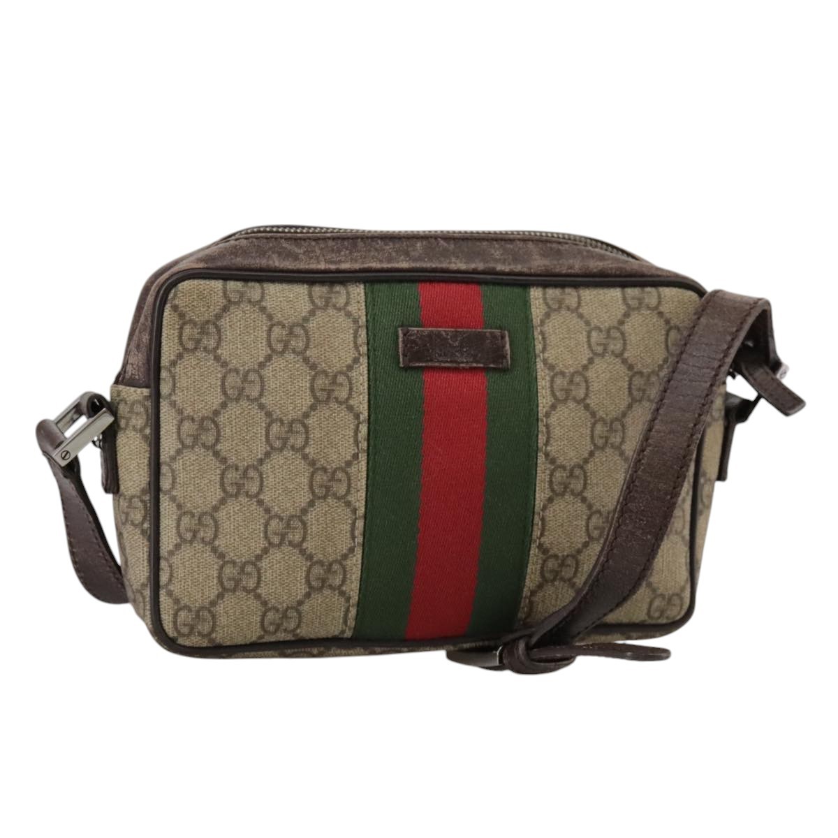 GUCCI GG Supreme Web Sherry Line Shoulder Bag Beige Silver 162910