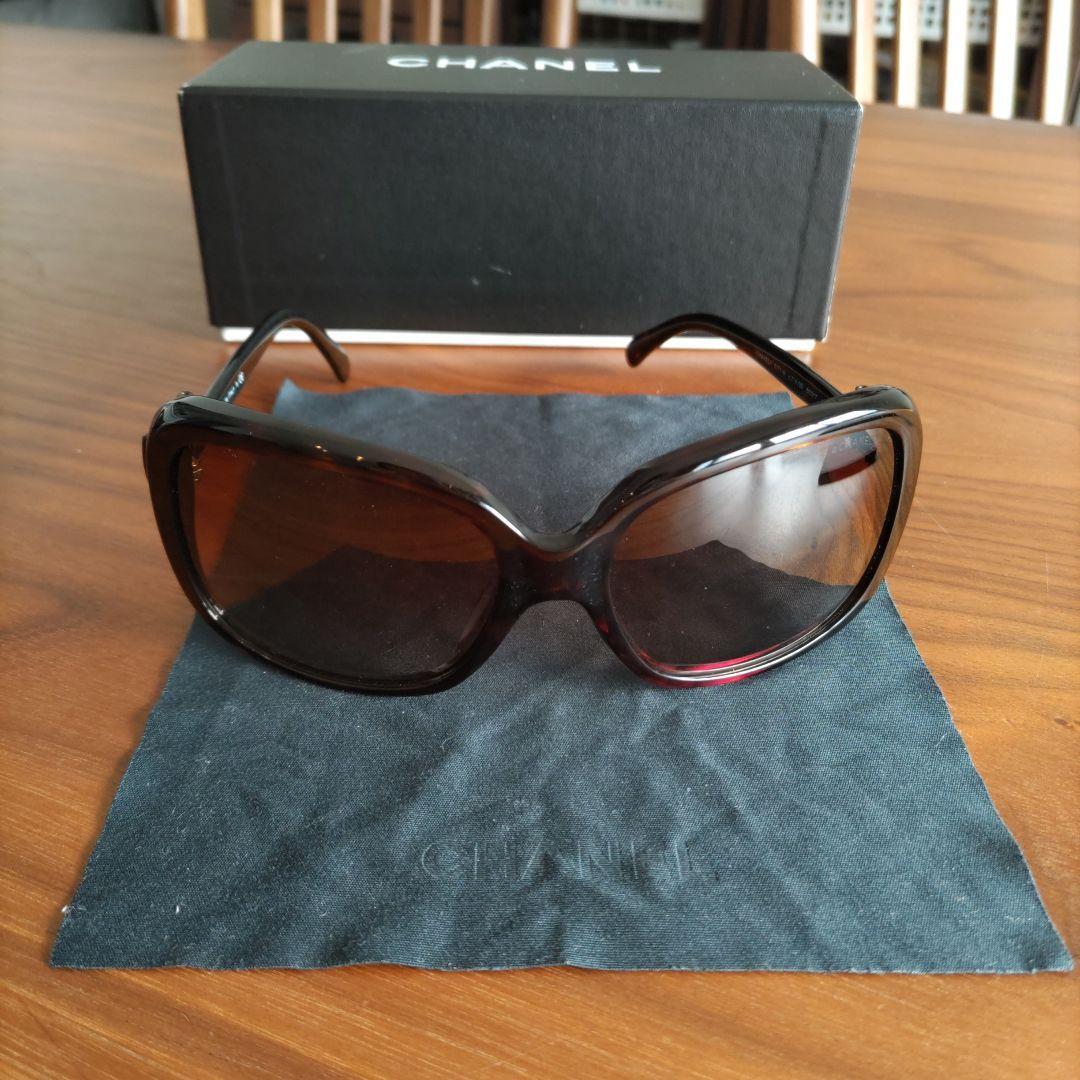 CHANEL Side Gold CC Logo Ribbon Bow Brown Sunglasses Used From