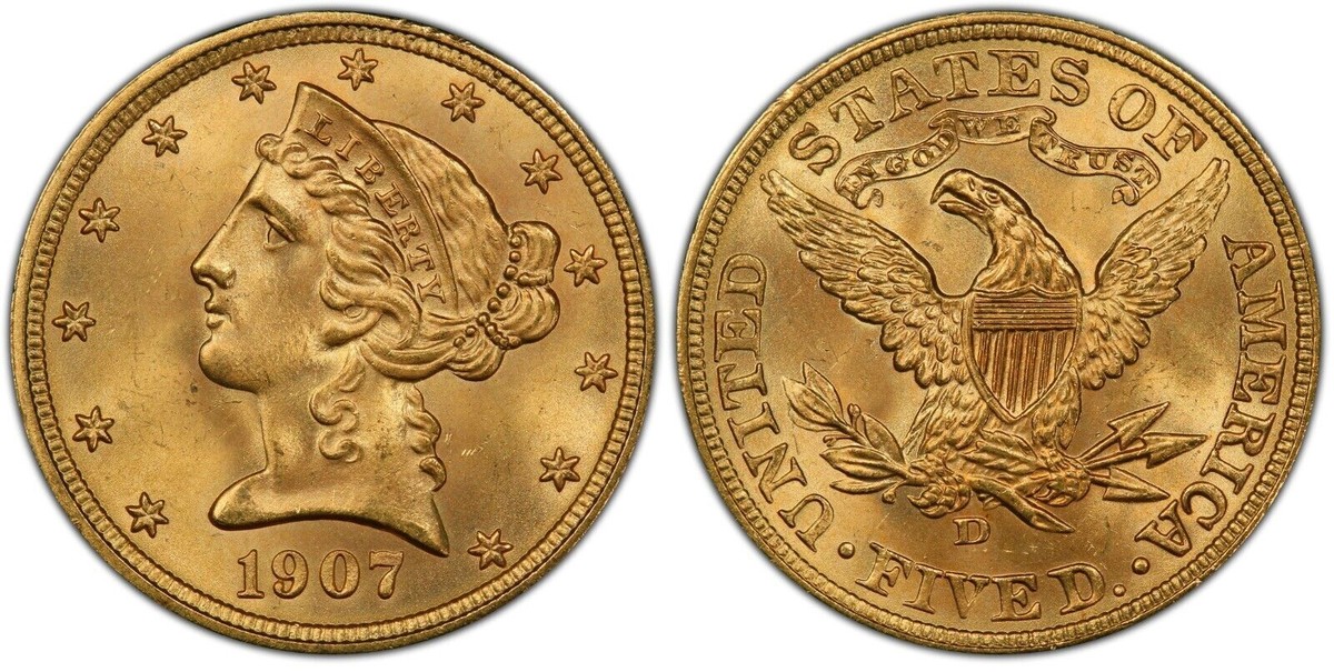 1907-D $5 Five Dollar Gold Liberty Head Liberty Half Eagle Coin