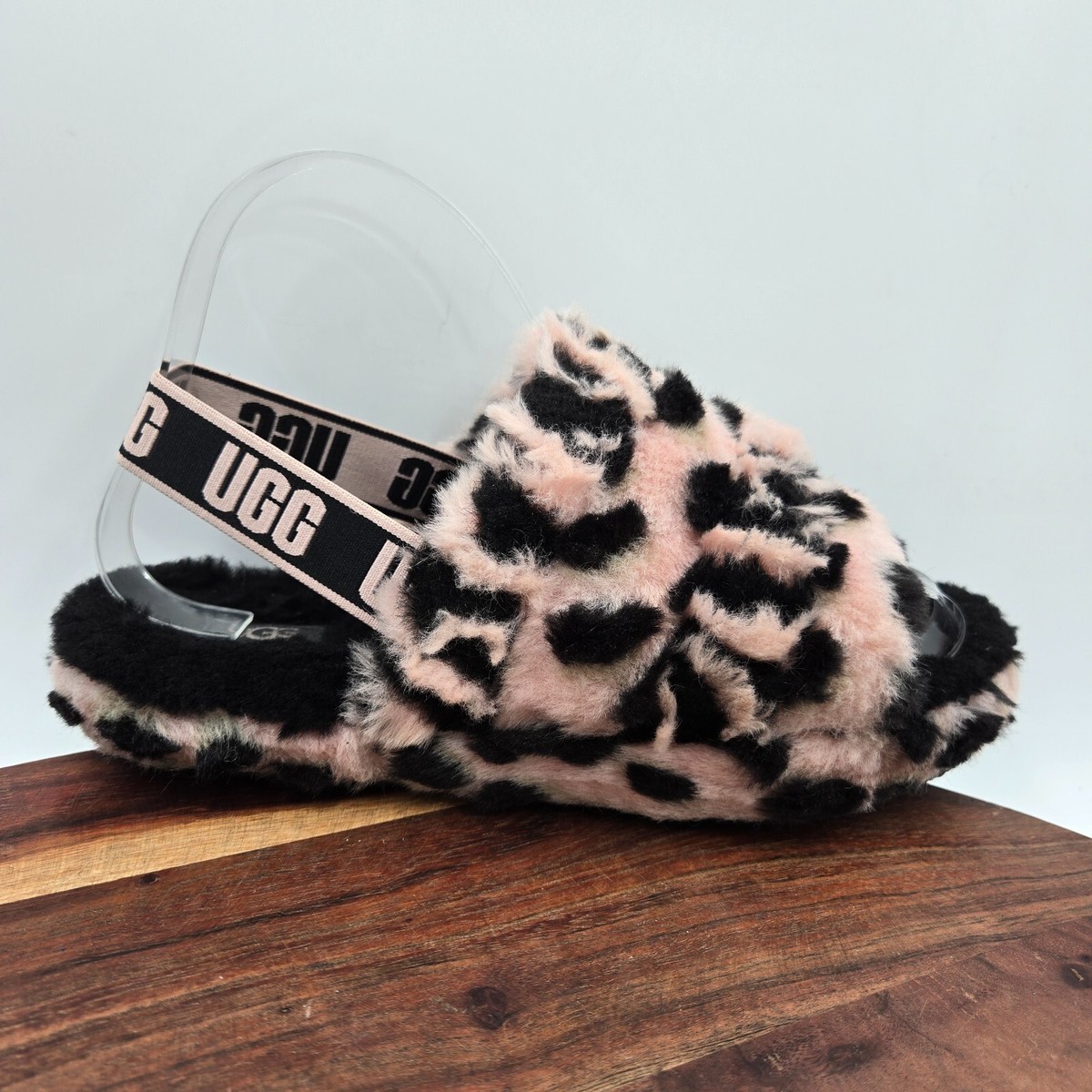 UGG Fluff Yeah Sandals Youth Girls 6 Pink Black Spotted Shearling