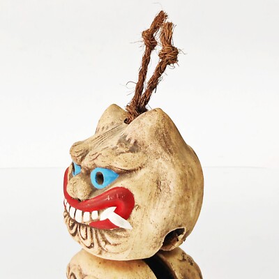 Japanese Clay Bell Oni Demon Devil Head Vtg Dorei Pottery Shrine
