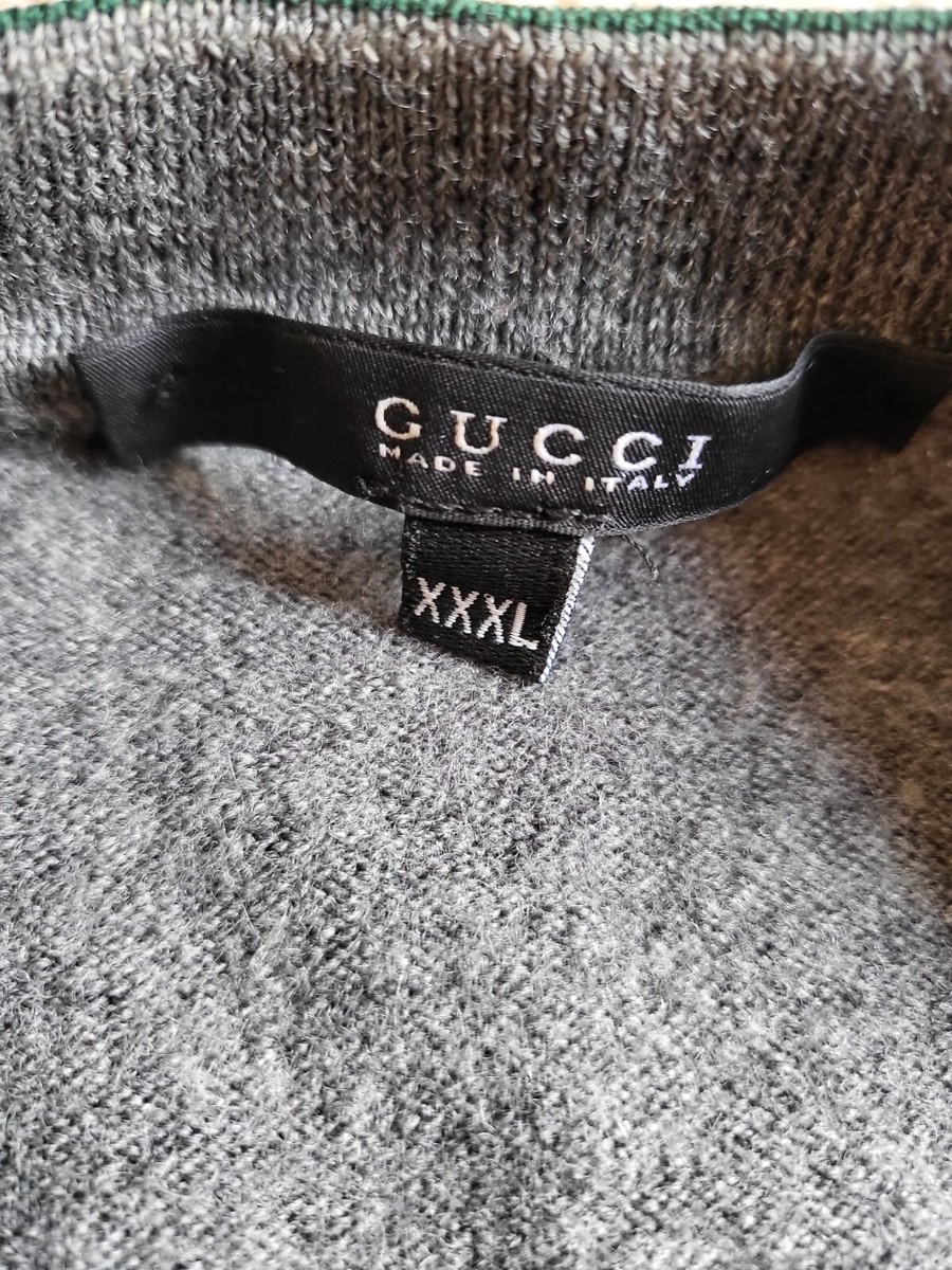 GUCCI MENS SWEATER GRAY WOOL WITH WEB STRIPE TRIM V-NECKLINE sz