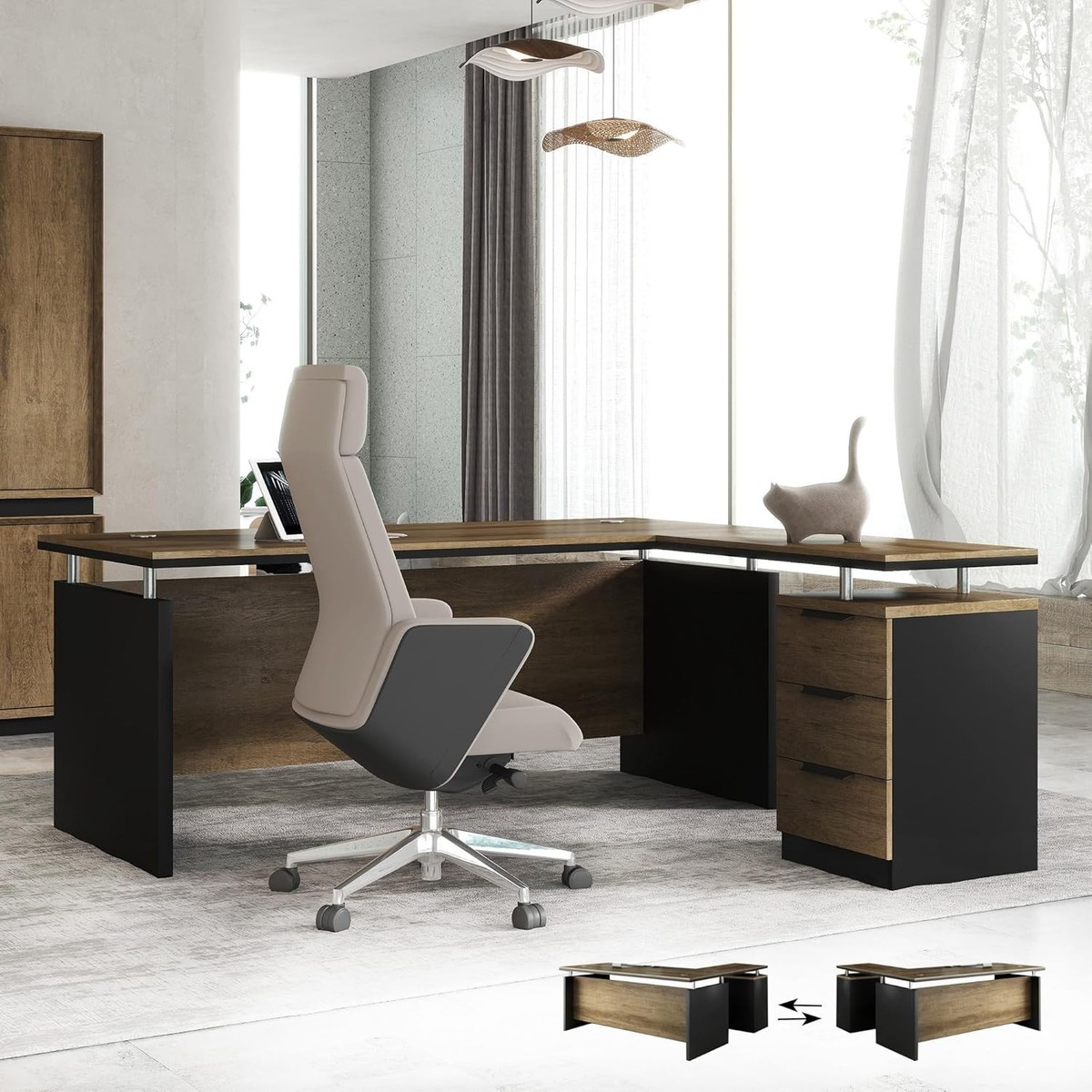 63'' L Shaped Executive Office Desk w/Cable Management Large