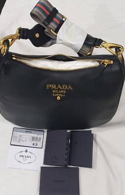 $3100~ New Prada 1BC166 Black Vitello Phenix Leather Web Stripe