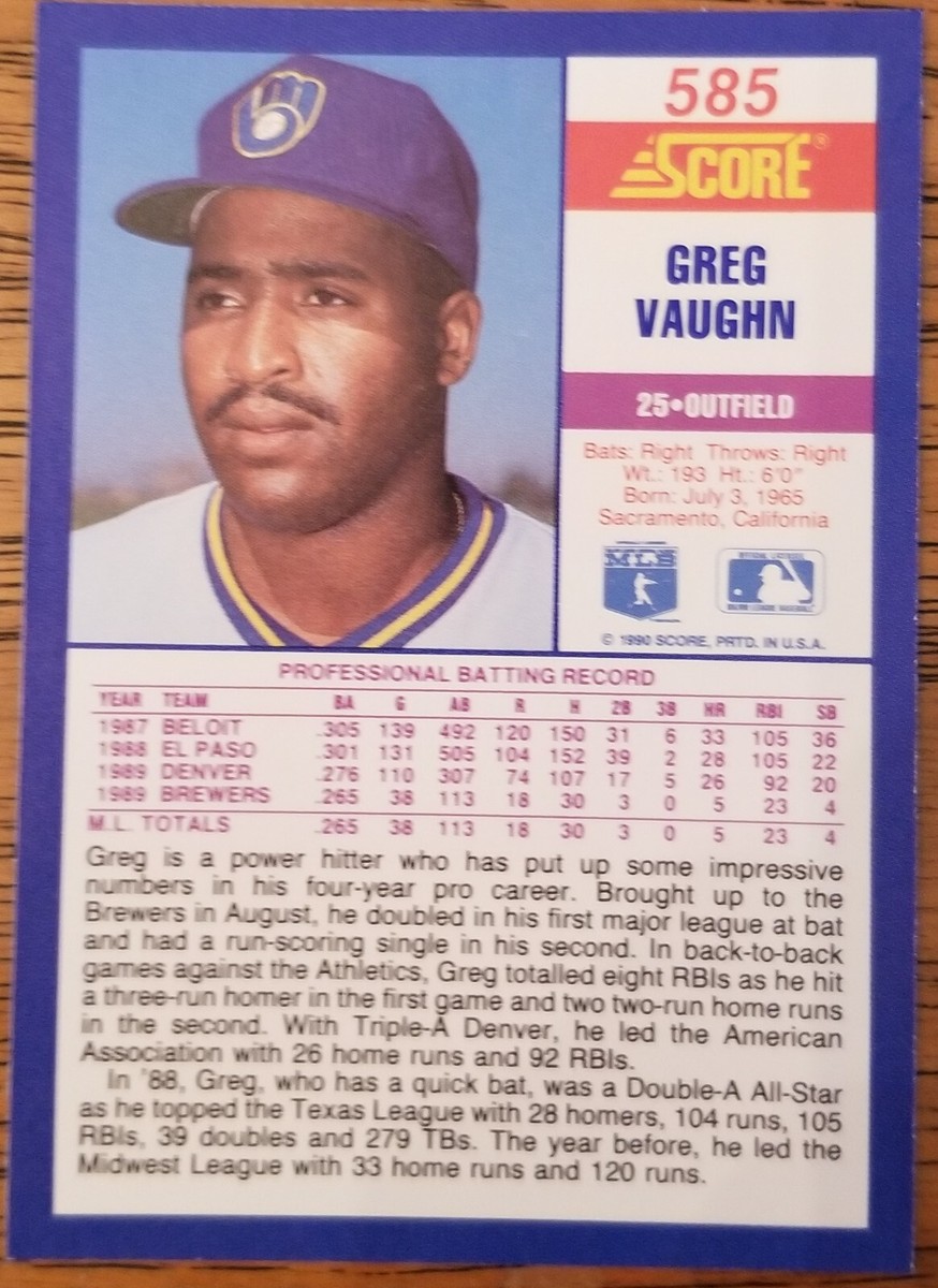 Greg Vaughan Milwaukee Brewers 1990 Score Baseball Card #585