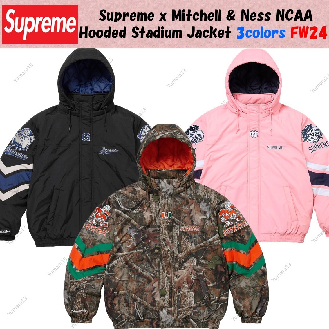 Supreme x Mitchell & Ness NCAA Hooded Stadium Jacket 3colors FW24