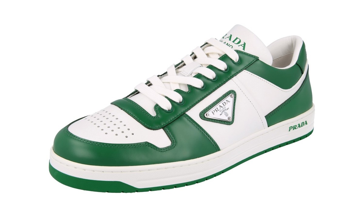 PRADA DOWNTOWN SNEAKERS SHOES 2EE364 GREEN WHITE LEATHER US 10.5