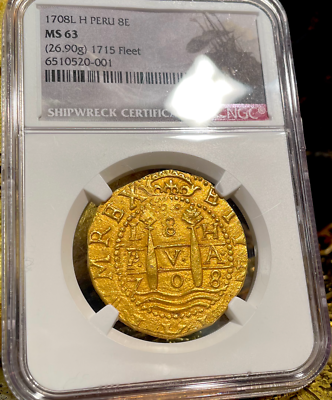 FINEST PERU 8 ESCUDOS 1708 NGC 63 1715 FLEET SHIPWRECK GOLD COB
