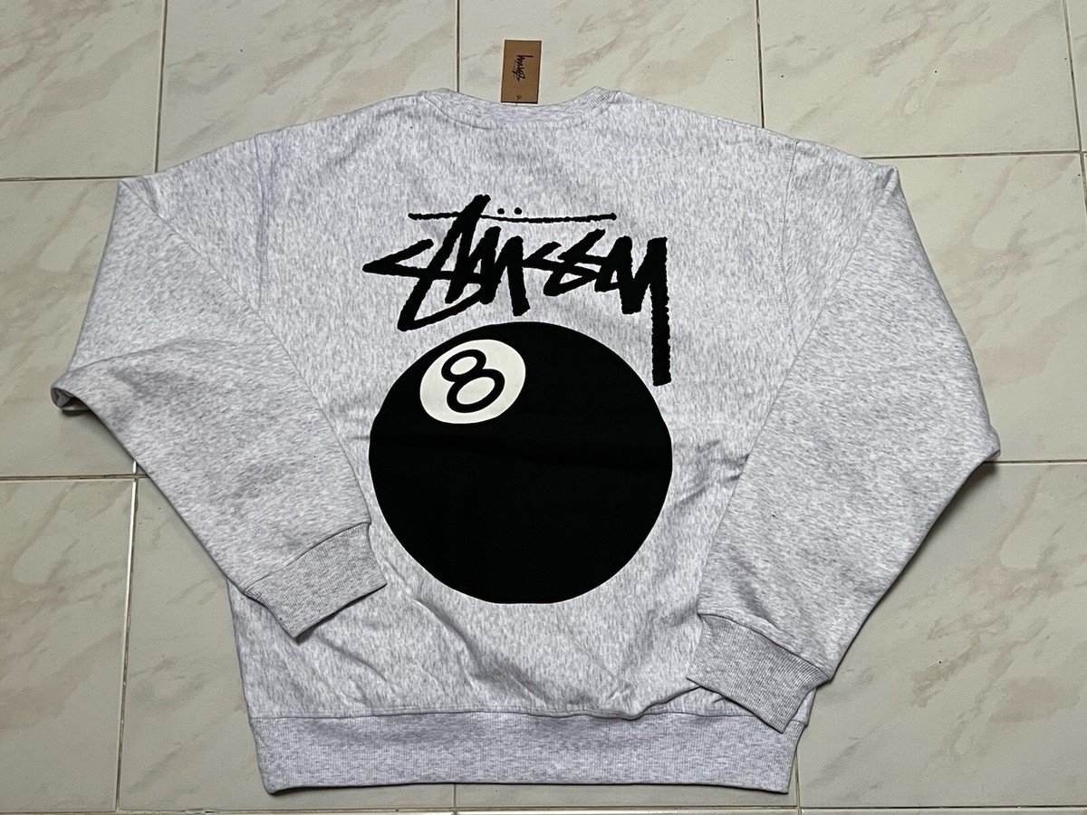 Men M Stussy 8 Ball Crewneck Sweater Ash Heather Grey Pullover New