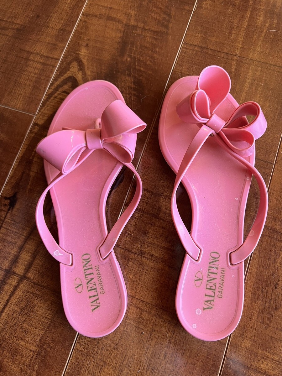 VALENTINO Garavani Pink Bow Slip-On Flat Thong Jelly Sandals