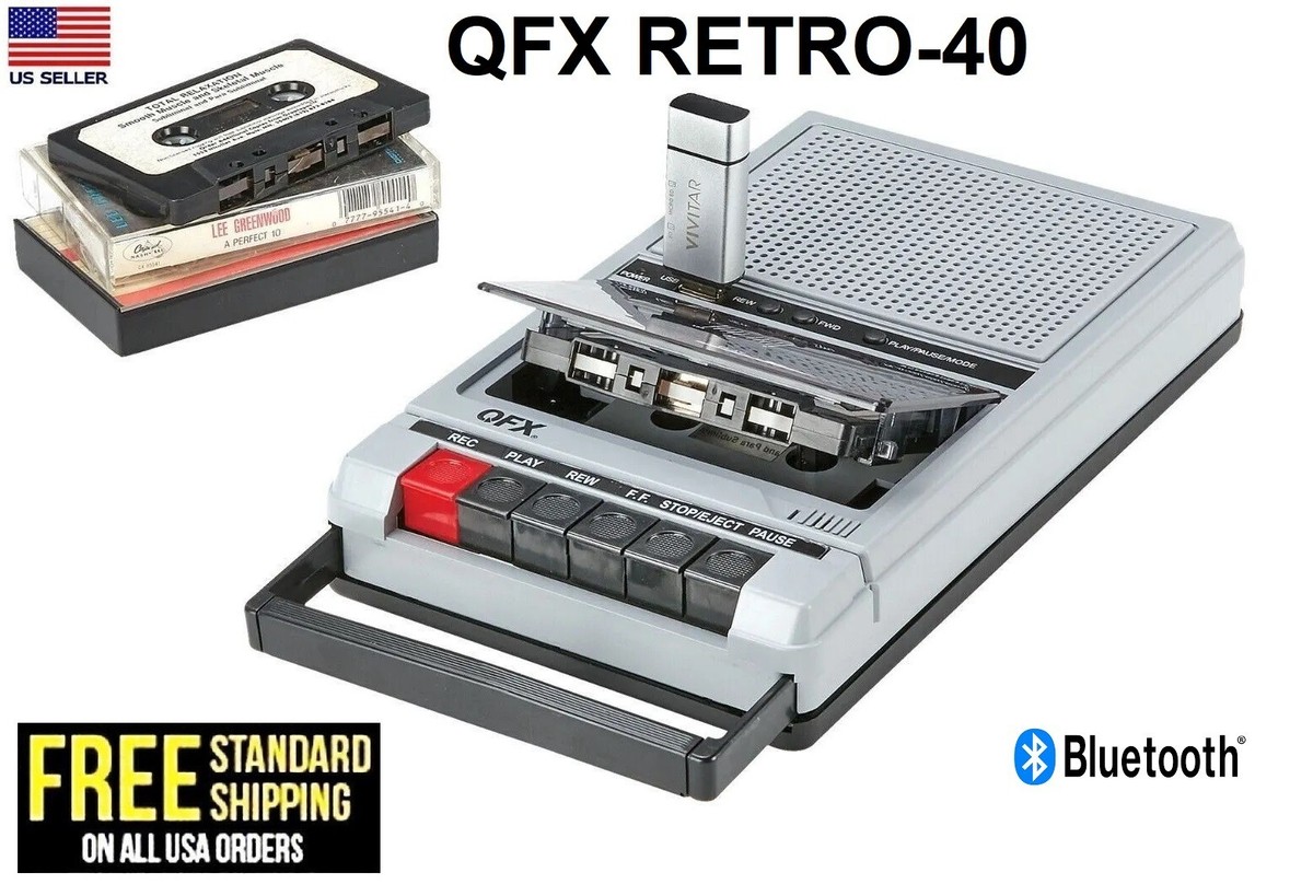 QFX Retro-40 Shoebox Cassette Tape Recorder Bluetooth AUX/USB