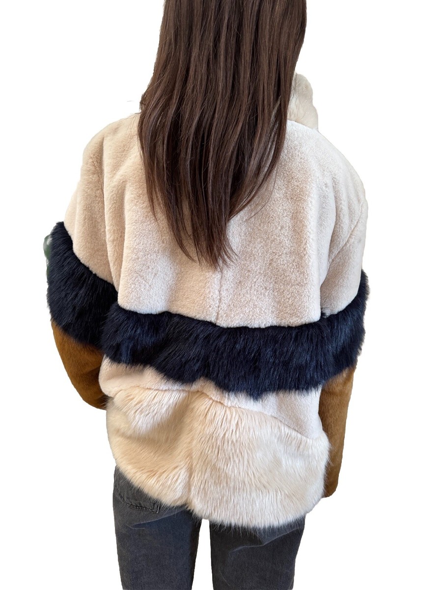 Zara TRF Collection Faux Fur Jacket Women's Tri-Color Blue Brown