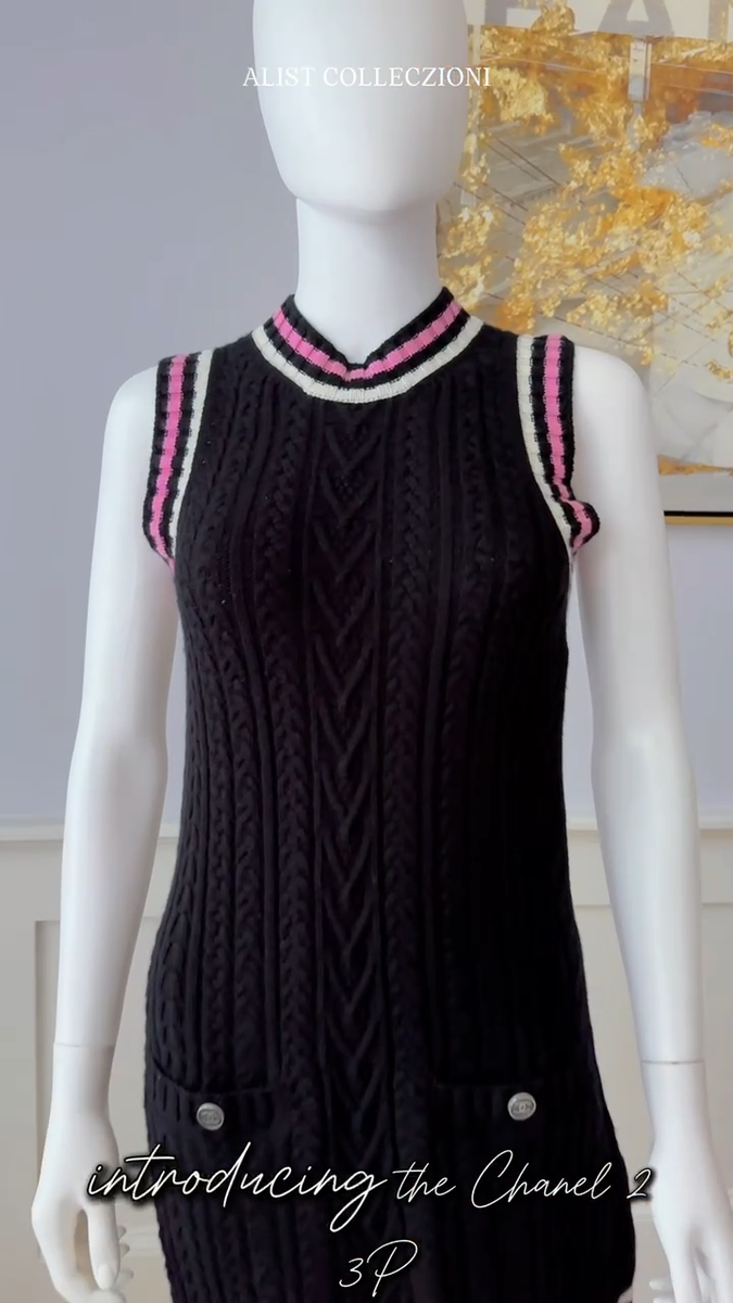 Chanel 23P RTW Tennis Knit Dress in Black, Pink and Ecru Strip