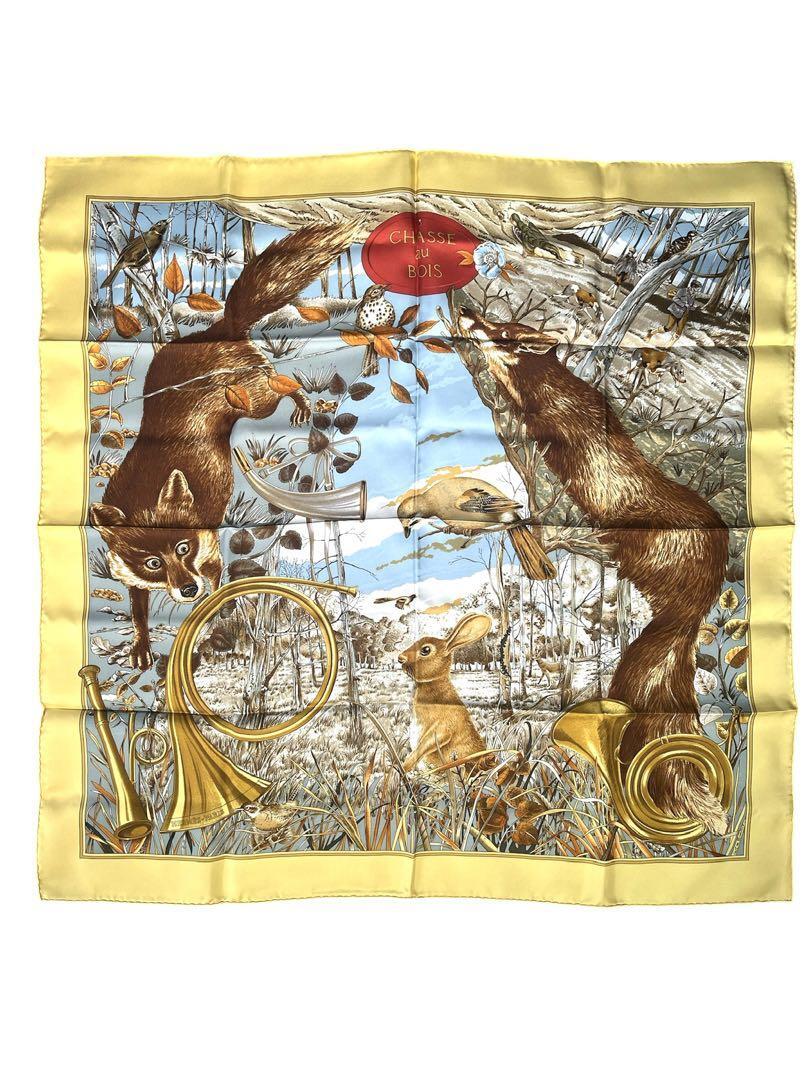 Hermes Scarf CHASSE au BOIS 90 cm Silk yellow Carre fox rabbit 35